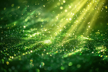 Ethereal green background with glowing light rays and bokeh sparkles, creating a magical and dreamy atmosphere perfect for creative designs.