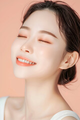 Obraz premium Portrait of a Young Woman with Clear Skin and Elegant Makeup, Featuring Natural and Subtle Beauty