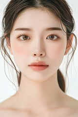 Fototapeta premium Portrait of a Young Woman with Clear Skin and Elegant Makeup, Featuring Natural and Subtle Beauty