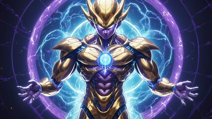 A Super Powerful Supreme Golden purple blue AI Android. Energy ring in the background. AI generative. 