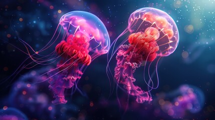 Obraz premium Two glowing jellyfish in a dark blue sea