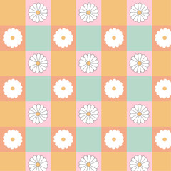 Trendy flower pattern, daisy flowers, yellow backgrounnd, orange, pink, green squares, outline style, with contour, retro groovy wallpaper, y2k style, wallpaper