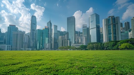 Fototapeta premium A skyline of tall company buildings under a blue sky, with a green grassy area in the front, creating a serene, people-free scene.