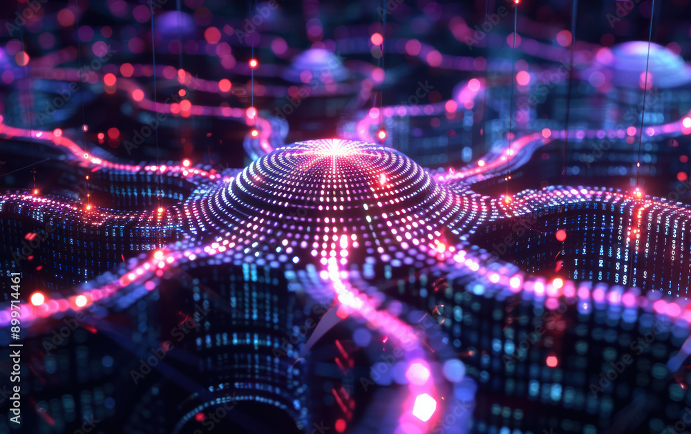 Wall mural abstract futuristic ai data network, glowing purple and blue nodes showing a neural network concept,