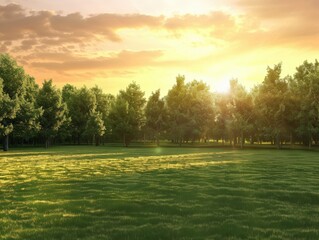 Obraz premium Serene Green Meadow at Sunset Surrounded by Lush Trees