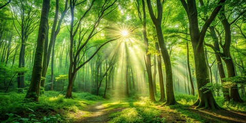 Fototapeta premium Lush green forest with sunlight filtering through the canopy, nature, trees, foliage, wilderness, environment, lush