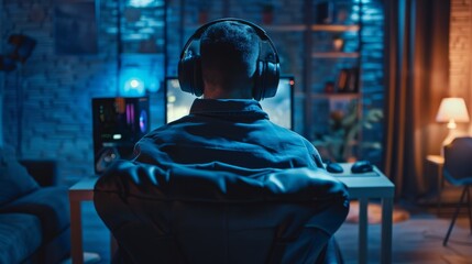 male gamer sits in full-size headphones in a chair in front of a monitor, view from the back