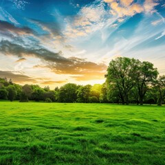 Fototapeta premium Lush Green Meadow Under Vibrant Sunset Sky