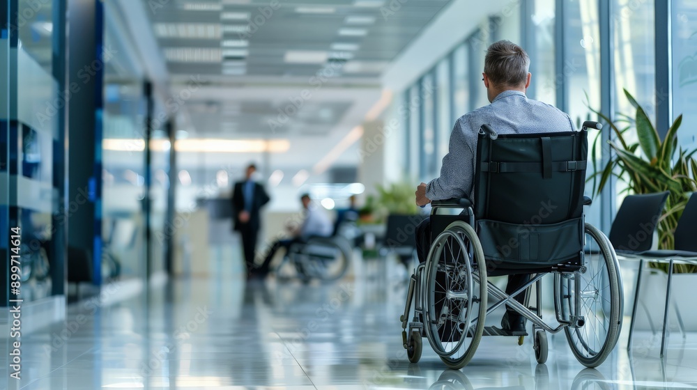 Poster man in wheelchair in a modern office building hallway. emphasizing workplace accessibility and movem