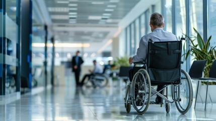 Man in wheelchair in a modern office building hallway. Emphasizing workplace accessibility and movement.