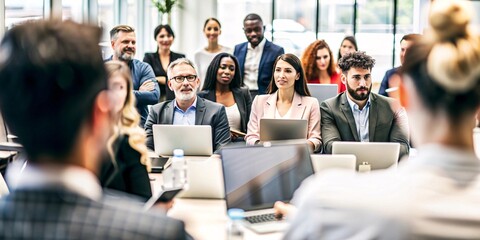 Engaged Team Brainstorming in Modern Office. Diverse group of business professionals actively participate in a productive meeting, collaborating on ideas and strategies. 