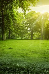 Obraz premium Serene Green Meadow Bathed in Golden Sunset Light