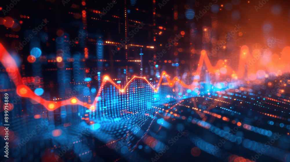 Wall mural abstract digital background with glowing blue and red lines and grids, representing data charts, fin
