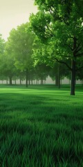 Fototapeta premium Morning Light Illuminates Lush Green Meadow With Trees in Tranquil Setting