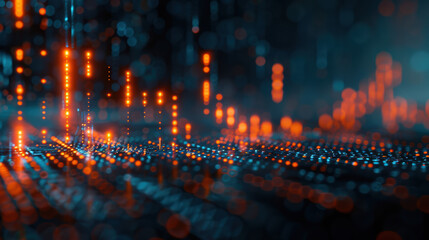 Futuristic technology background with glowing orange and blue lights, representing data flow and digital connectivity in a modern tech environment.