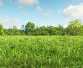 Obraz premium Morning Serenity in a Lush Green Meadow Surrounded by Trees