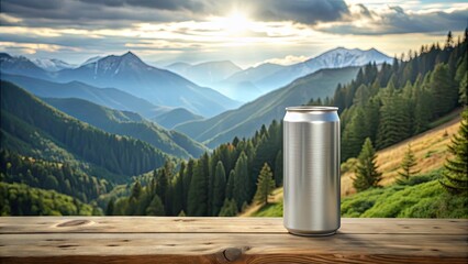 Aluminum can mockup set against a serene mountain and forest backdrop, aluminum can, mockup, rendering, mountains, forest