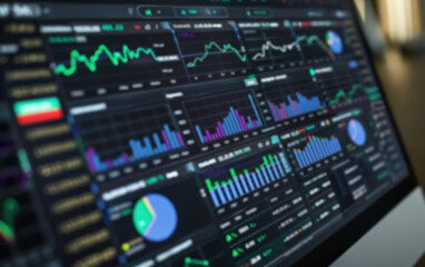 Obraz premium Close-up of a computer screen displaying data charts, graphs, and analytics showcasing financial trends and market performance in a digital workspace.