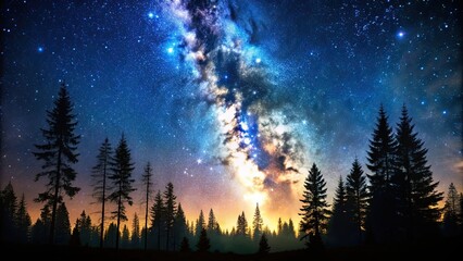Naklejka premium Starry night sky and forest silhouette background, starry night, sky, forest, silhouette, nature, dark, beauty
