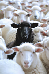 A unique black sheep stands out amongst a herd of white sheep, symbolizing individuality and uniqueness. Ideal for concepts of diversity and contrast.