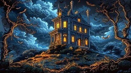 Obraz premium Vector illustration of a Haunted house, glowing windows, horror, clouds, Halloween