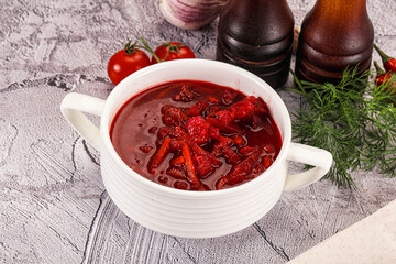 Homemade red soup Borsch with cabbage