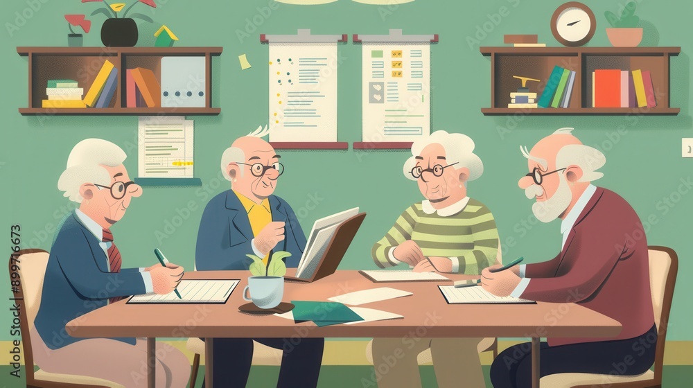 Fototapete four elderly people actively discuss while seated around a table in a comfortable room adorned with 
