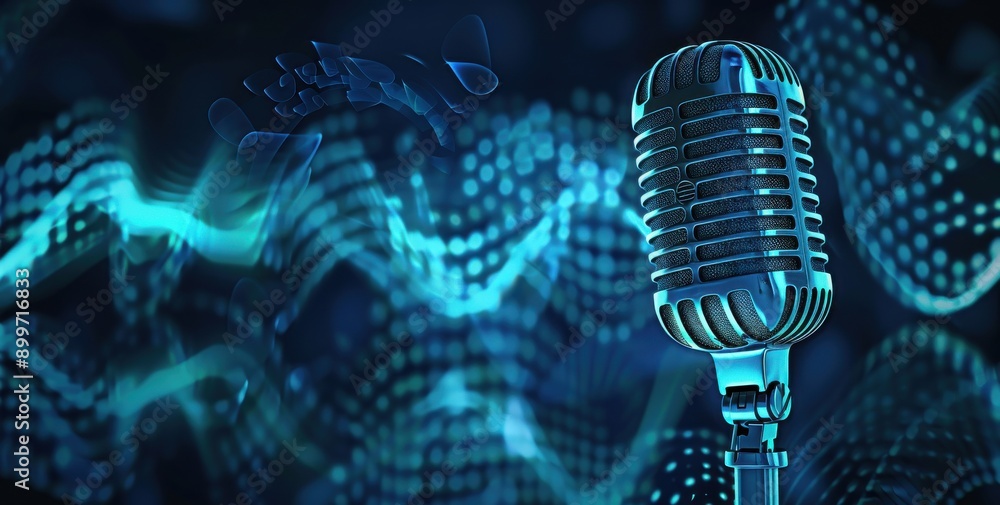 Poster microphone with sound waves in the background on blue digital art style background