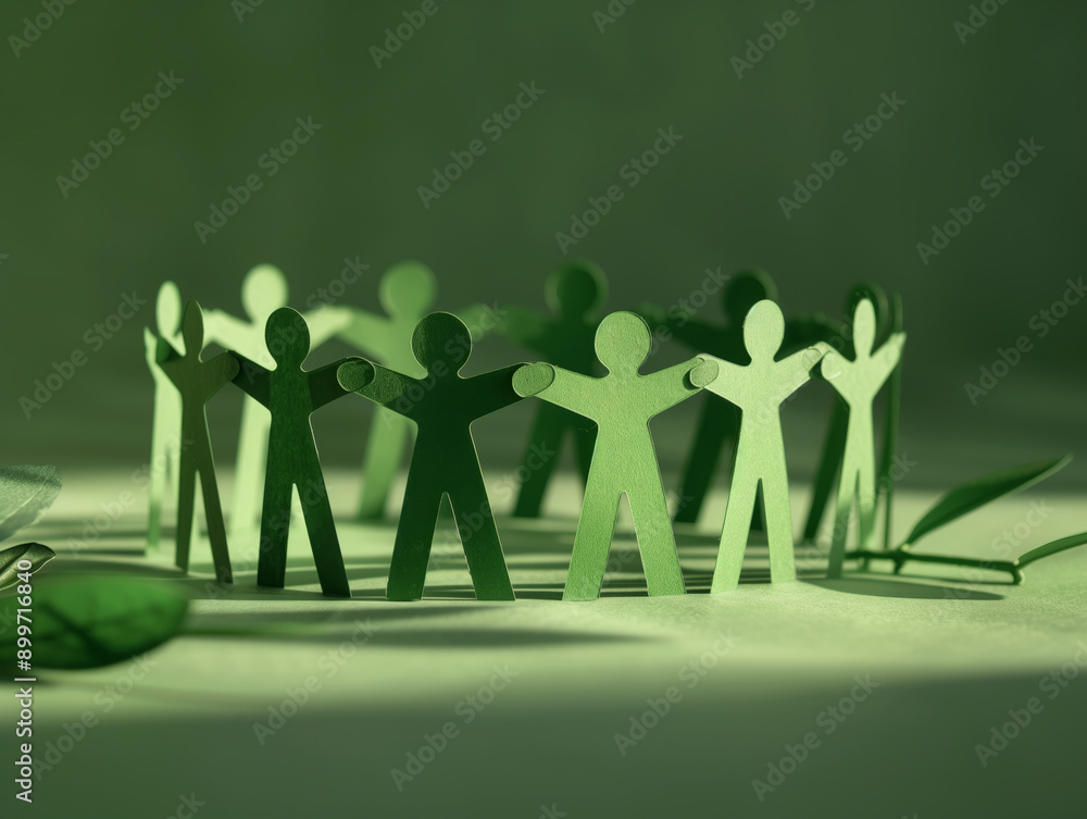 Poster a vibrant scene featuring interconnected paper figures symbolizing unity and teamwork in a green the