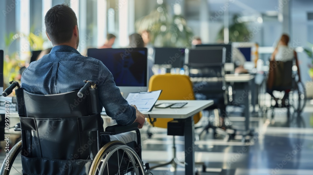 Aufkleber Man in wheelchair working at desk in open office space. Showcasing accessibility and inclusion in professional settings.