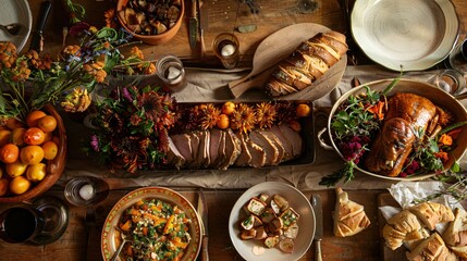 A beautiful autumn harvest feast with a variety of dishes including roasted meats, root vegetables, and freshly baked bread