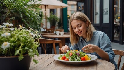 Young woman in cafe eating salad. Vegetarianism. Vegan