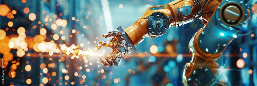 Poster close-up of a robotic arm with sparks in a factory. advanced manufacturing and industrial technology