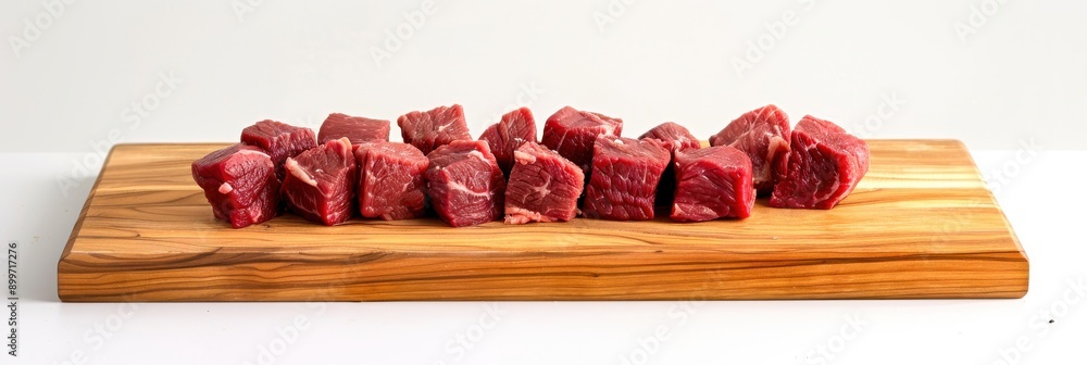 Wall mural Chunks of raw beef arranged neatly on a smooth wooden board in a simple, clean setting