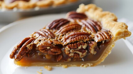 A close-up of a slice of pecan pie, with whole pecans and a golden, gooey filling