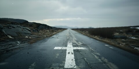 A straight road with an cross painted on it leading to the distant horizon, symbolizing faith in Christian values, Christianity