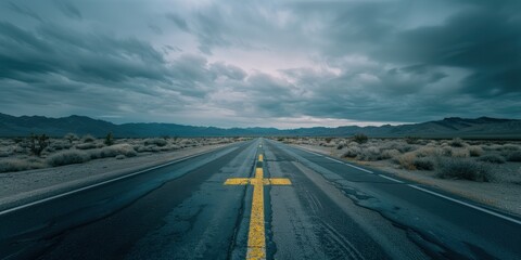 A straight road with an cross painted on it leading to the distant horizon, symbolizing faith in Christian values, Christianity