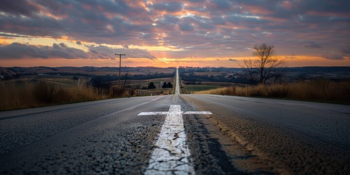 A straight road with an cross painted on it leading to the distant horizon, symbolizing faith in Christian values, Christianity