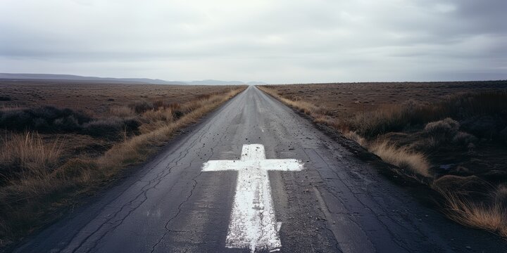 A straight road with an cross painted on it leading to the distant horizon, symbolizing faith in Christian values, Christianity