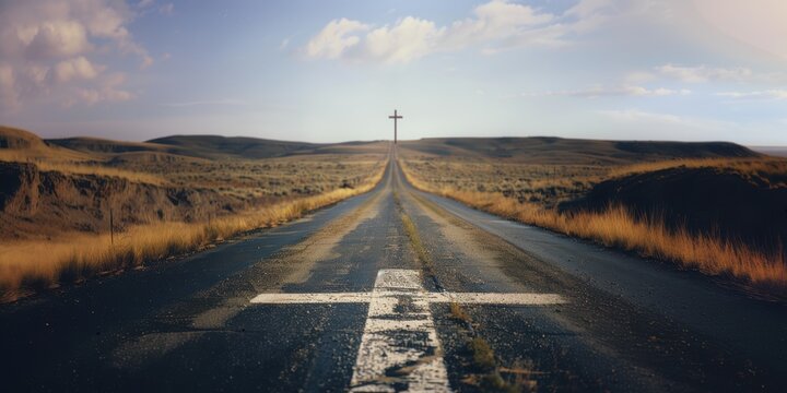 A straight road with an cross painted on it leading to the distant horizon, symbolizing faith in Christian values, Christianity