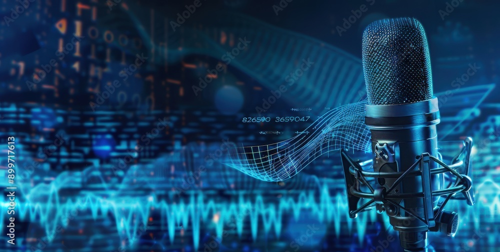Wall mural microphone on blue background with sound waves and digital data.