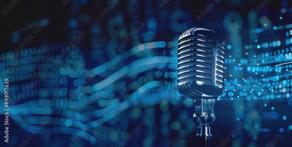 Canvas Prints microphone on blue background with sound waves and digital data.