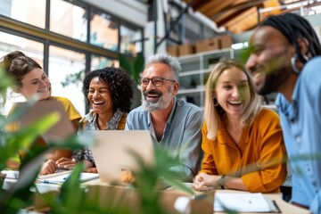 Laughing Together: A diverse team of colleagues shares a lighthearted moment, radiating positivity and camaraderie.  The laughter is contagious, creating a warm and inviting atmosphere.  A perfect ima