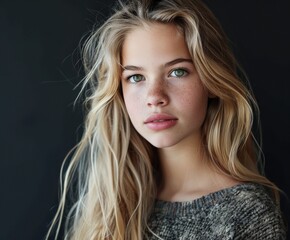 Fototapeta premium Portrait of Young Woman With Freckles and Long Hair Against Dark Background
