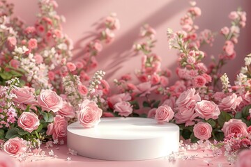 Beautiful podium with pink roses and a 3D spring table