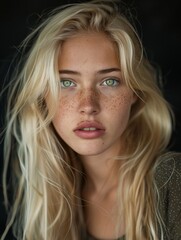 Naklejka premium Portrait of a Young Woman With Green Eyes and Freckles Against a Dark Background