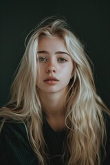 Fototapeta premium Young Woman With Long Blonde Hair Posing Thoughtfully Against a Dark Background