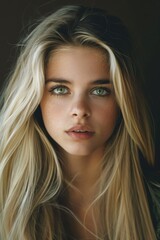 Fototapeta premium Young Woman With Long Blonde Hair and Striking Green Eyes in Soft Natural Light