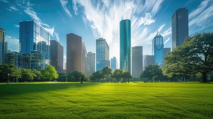 Fototapeta premium Corporate skyscrapers rise under a blue sky, positioned in the middle, with short green grass in the foreground and no people in sight.