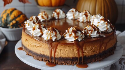 A pumpkin cheesecake with a gingersnap crust, topped with whipped cream and caramel drizzle